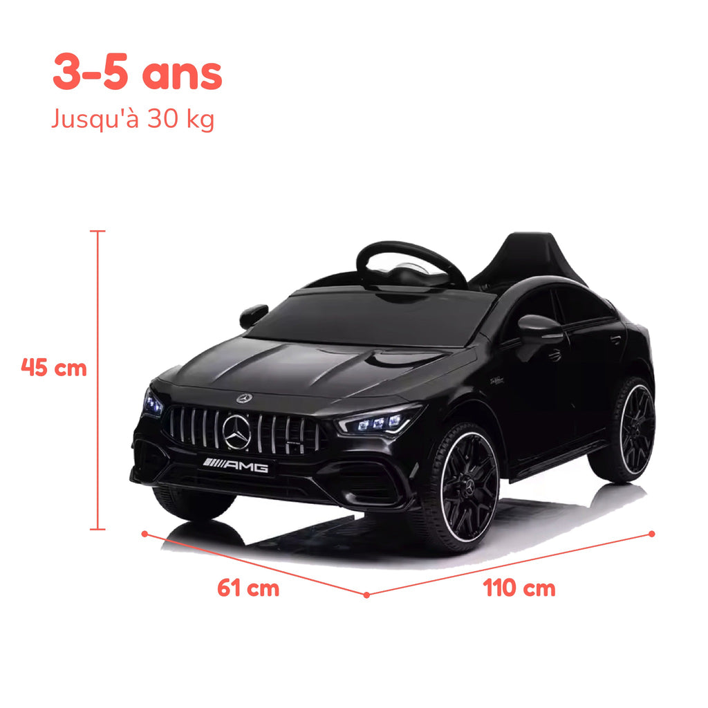 Dimensions de la Mercedes CLA 45 S AMG enfant : 110 × 61 × 45 cm, de 3 à 5 ans, jusqu'à 30 kg