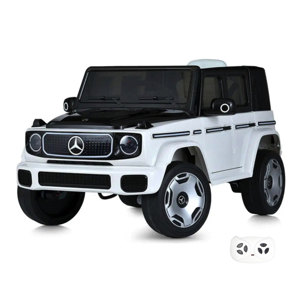 Mercedes EQG blanc, voiture électrique enfant 12V, vue trois quarts avant avec sa télécommande