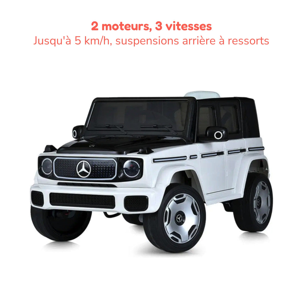 Mercedes EQG enfant, 2 moteurs et 3 vitesses jusqu'à 5 km/h, suspensions arrière à ressorts