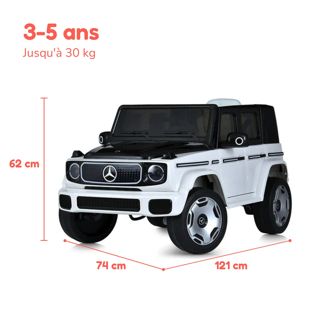 Dimensions du Mercedes EQG enfant : 121 × 74 × 62 cm, de 3 à 5 ans, jusqu'à 30 kg