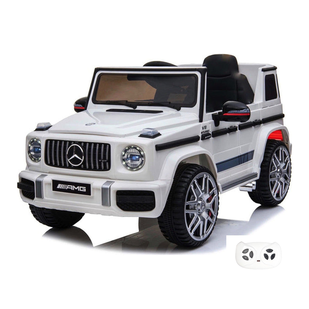 Mercedes G63 AMG blanc, voiture électrique enfant 12V lithium, vue trois quarts avant avec sa télécommande