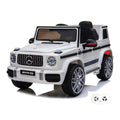 Mercedes G63 AMG blanc, voiture électrique enfant 12V lithium, vue trois quarts avant avec sa télécommande