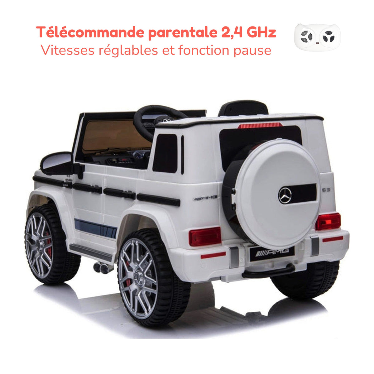 Télécommande parentale 2,4 GHz du Mercedes G63 AMG enfant, vitesses réglables et fonction pause