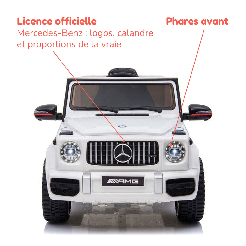 Mercedes G63 AMG blanc enfant sous licence officielle Mercedes-Benz, phares avant