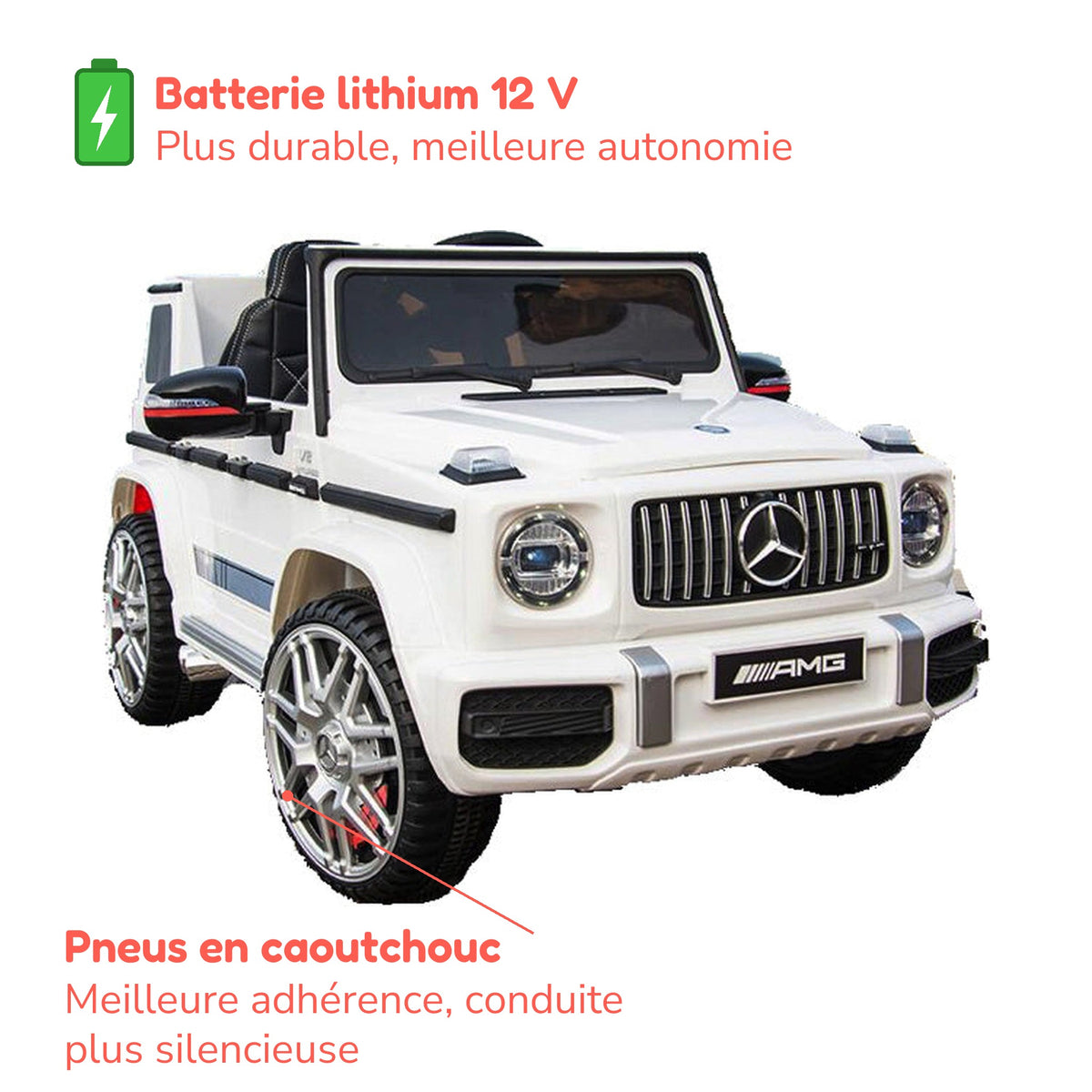 Batterie lithium plus durable, meilleure autonomie, et pneus en caoutchouc du Mercedes G63 AMG enfant
