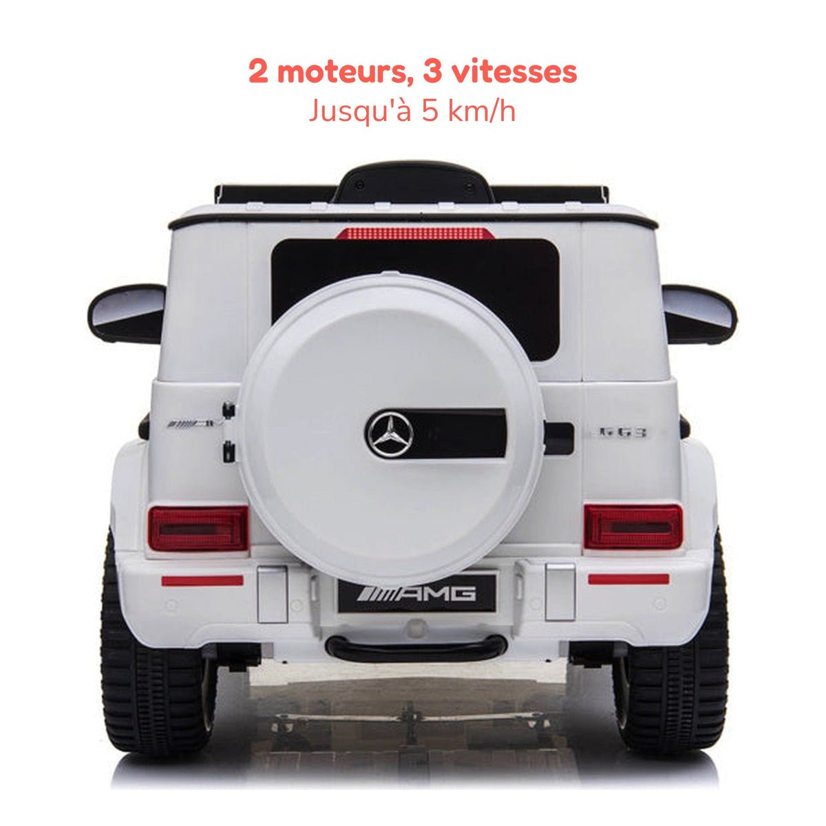 Mercedes G63 AMG blanc enfant vu de l'arrière, 2 moteurs et 3 vitesses jusqu'à 5 km/h