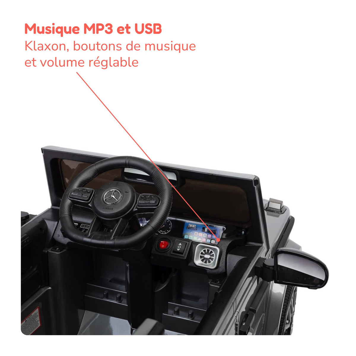Tableau de bord du Mercedes G63 AMG enfant : musique MP3 et USB, klaxon, volume réglable