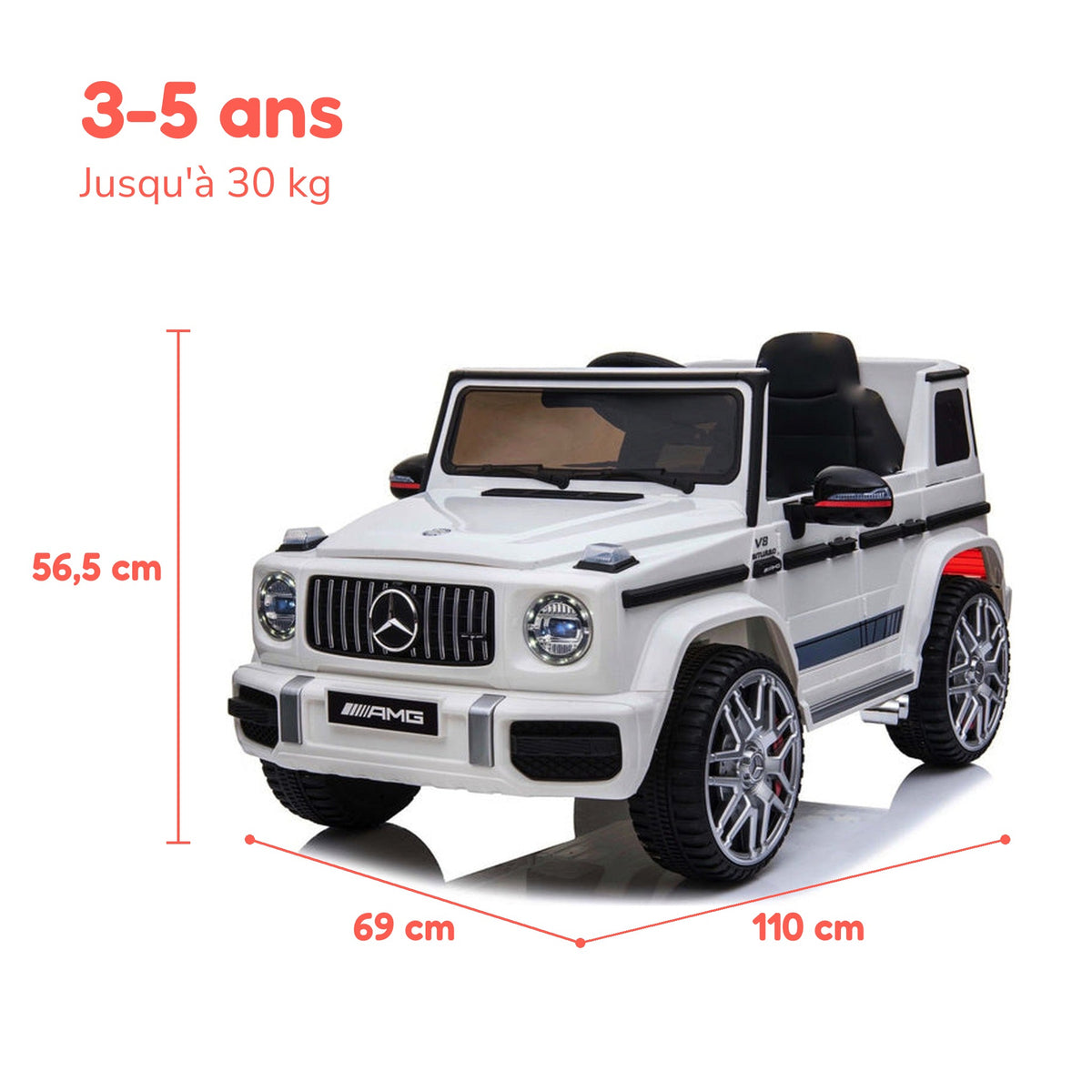 Dimensions du Mercedes G63 AMG enfant : 110 × 69 × 56,5 cm, de 3 à 5 ans, jusqu'à 30 kg