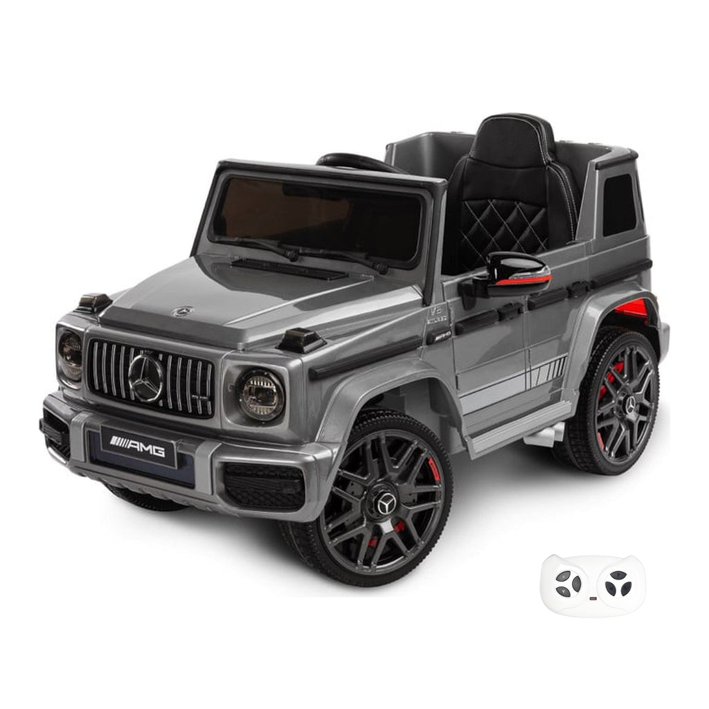 Mercedes G63 AMG gris, voiture électrique enfant 12V lithium, vue trois quarts avant avec sa télécommande