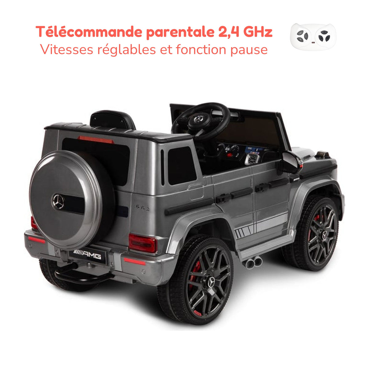 Télécommande parentale 2,4 GHz du Mercedes G63 AMG enfant, vitesses réglables et fonction pause