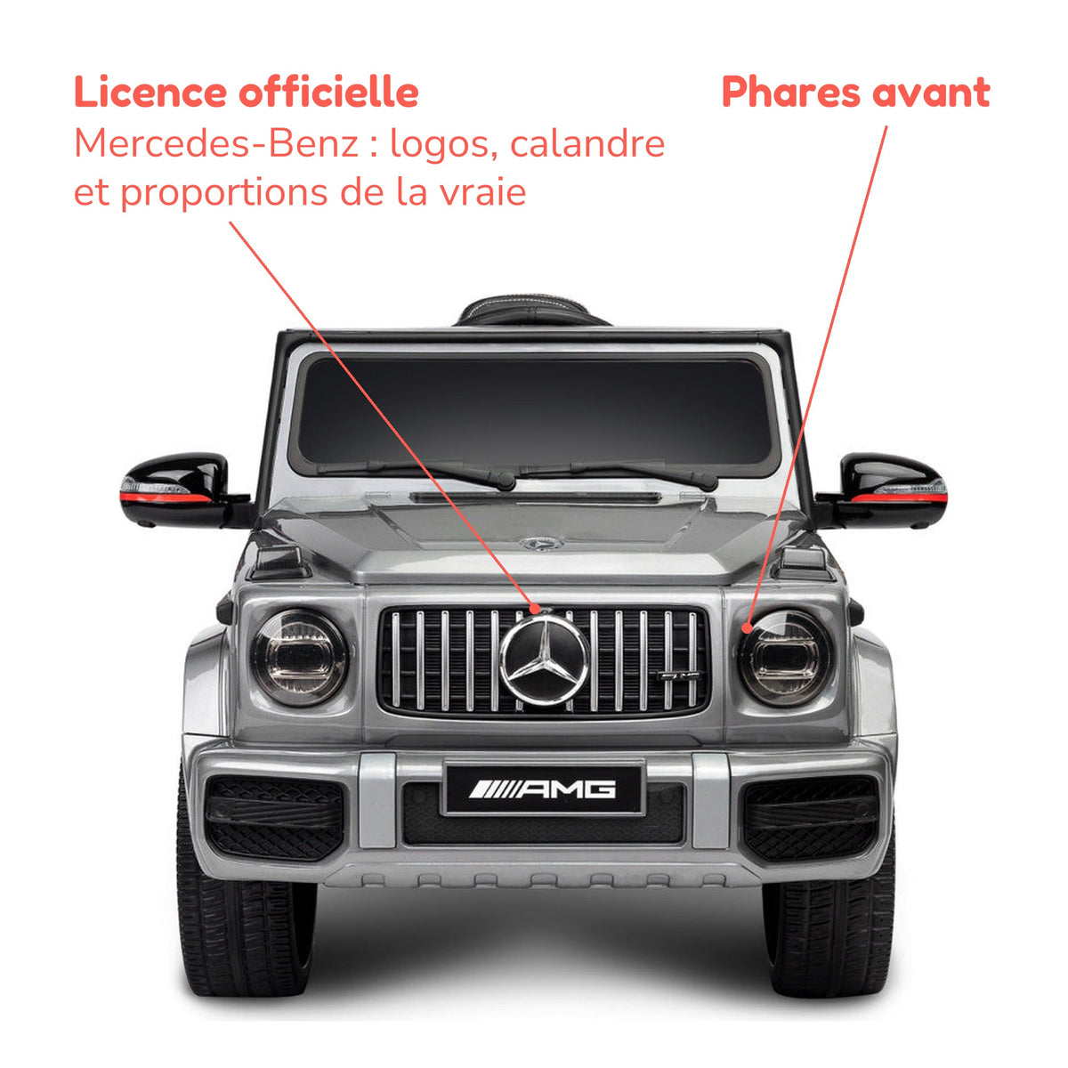 Mercedes G63 AMG gris enfant sous licence officielle Mercedes-Benz, phares avant
