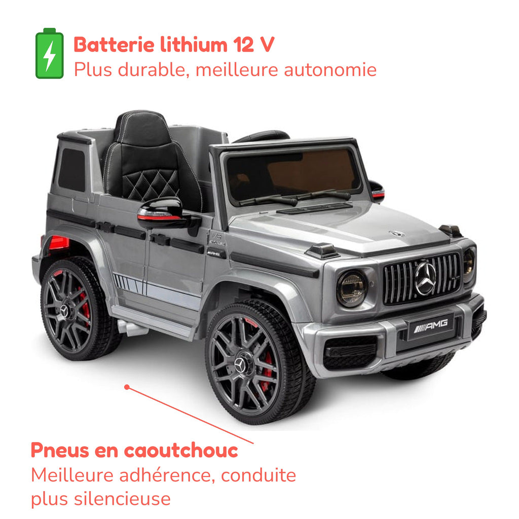 Batterie lithium plus durable, meilleure autonomie, et pneus en caoutchouc du Mercedes G63 AMG enfant
