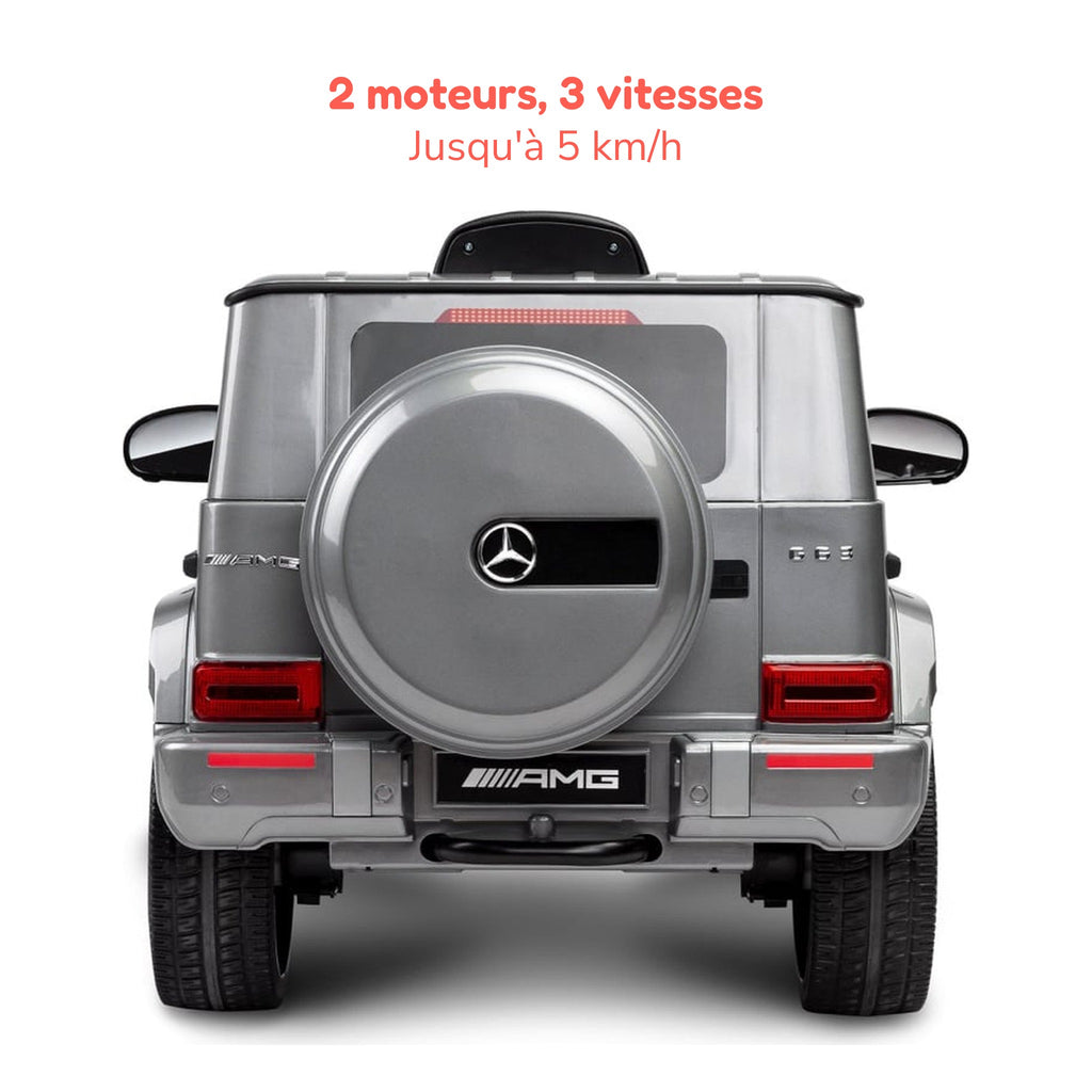 Mercedes G63 AMG gris enfant vu de l'arrière, 2 moteurs et 3 vitesses jusqu'à 5 km/h