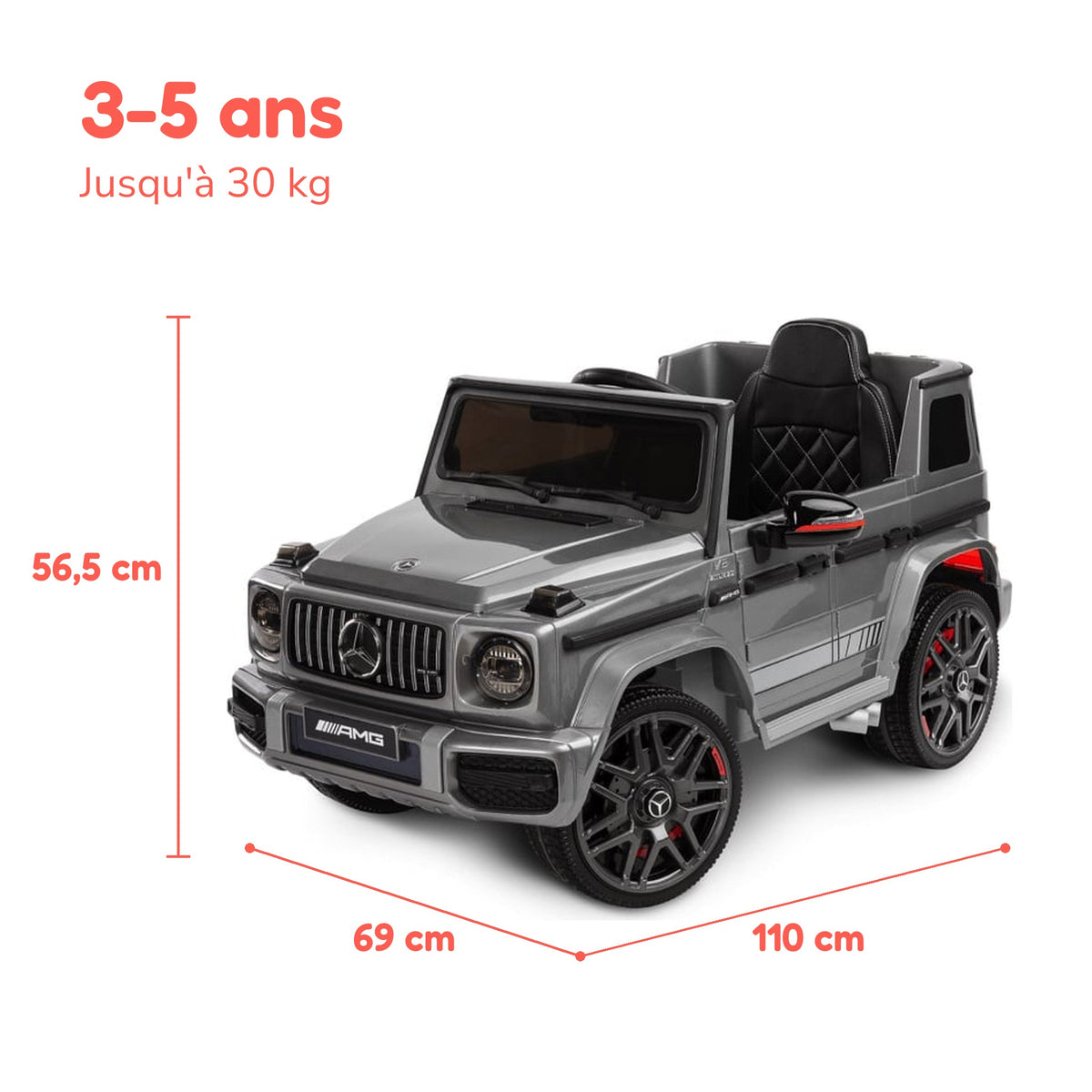Dimensions du Mercedes G63 AMG enfant : 110 × 69 × 56,5 cm, de 3 à 5 ans, jusqu'à 30 kg