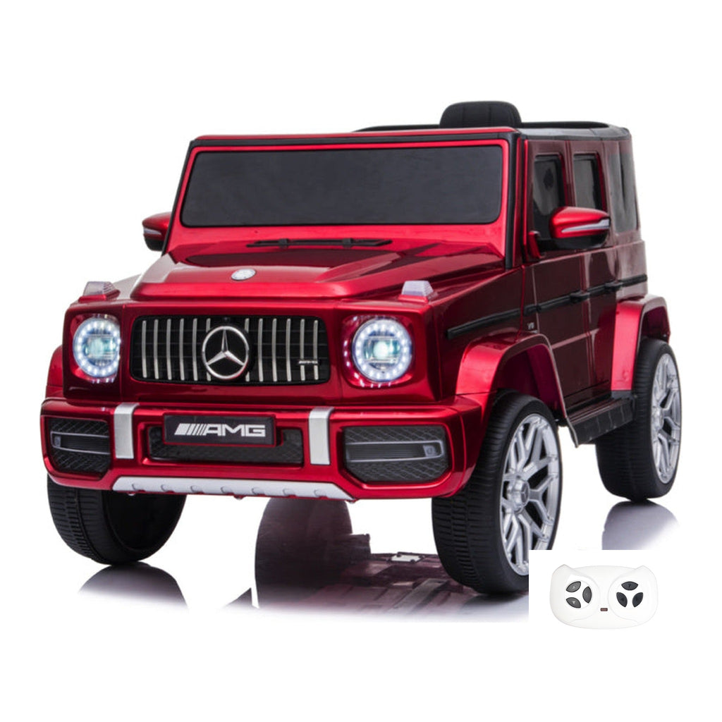Mercedes G63 rouge, voiture électrique enfant 12V lithium, vue trois quarts avant avec sa télécommande
