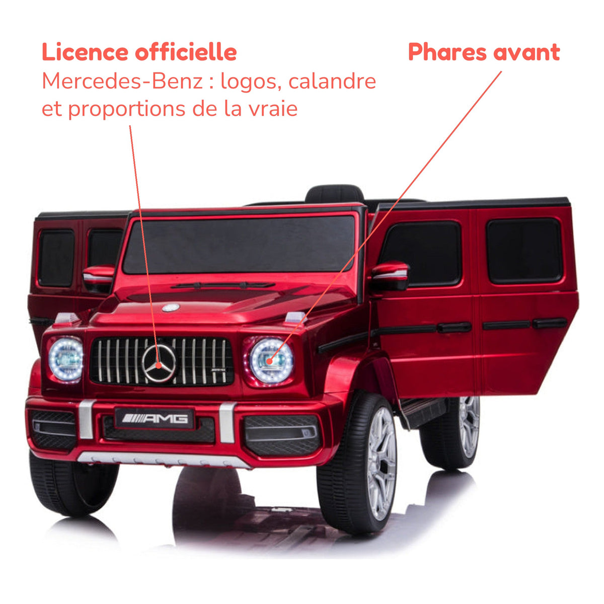 Mercedes G63 rouge enfant sous licence officielle Mercedes-Benz, phares avant