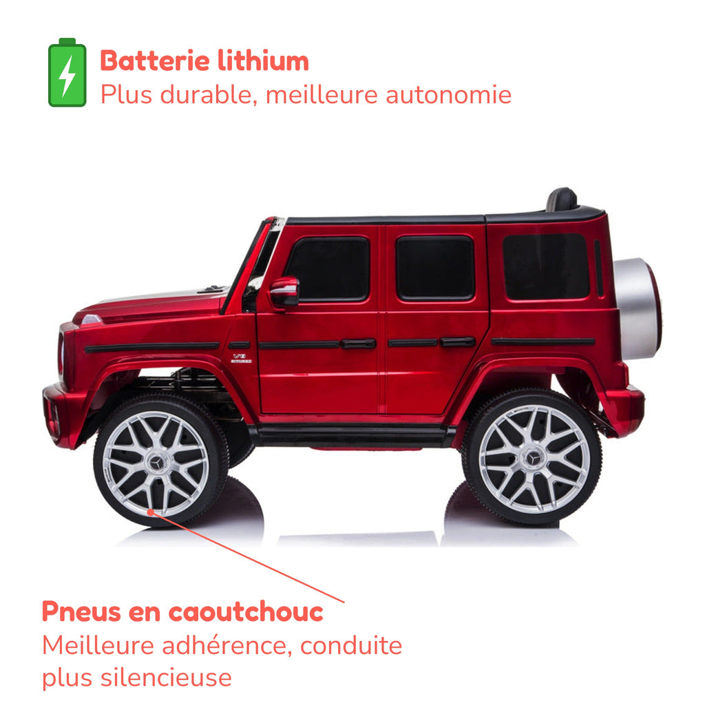 Batterie lithium plus durable, meilleure autonomie, et pneus en caoutchouc du Mercedes G63 enfant