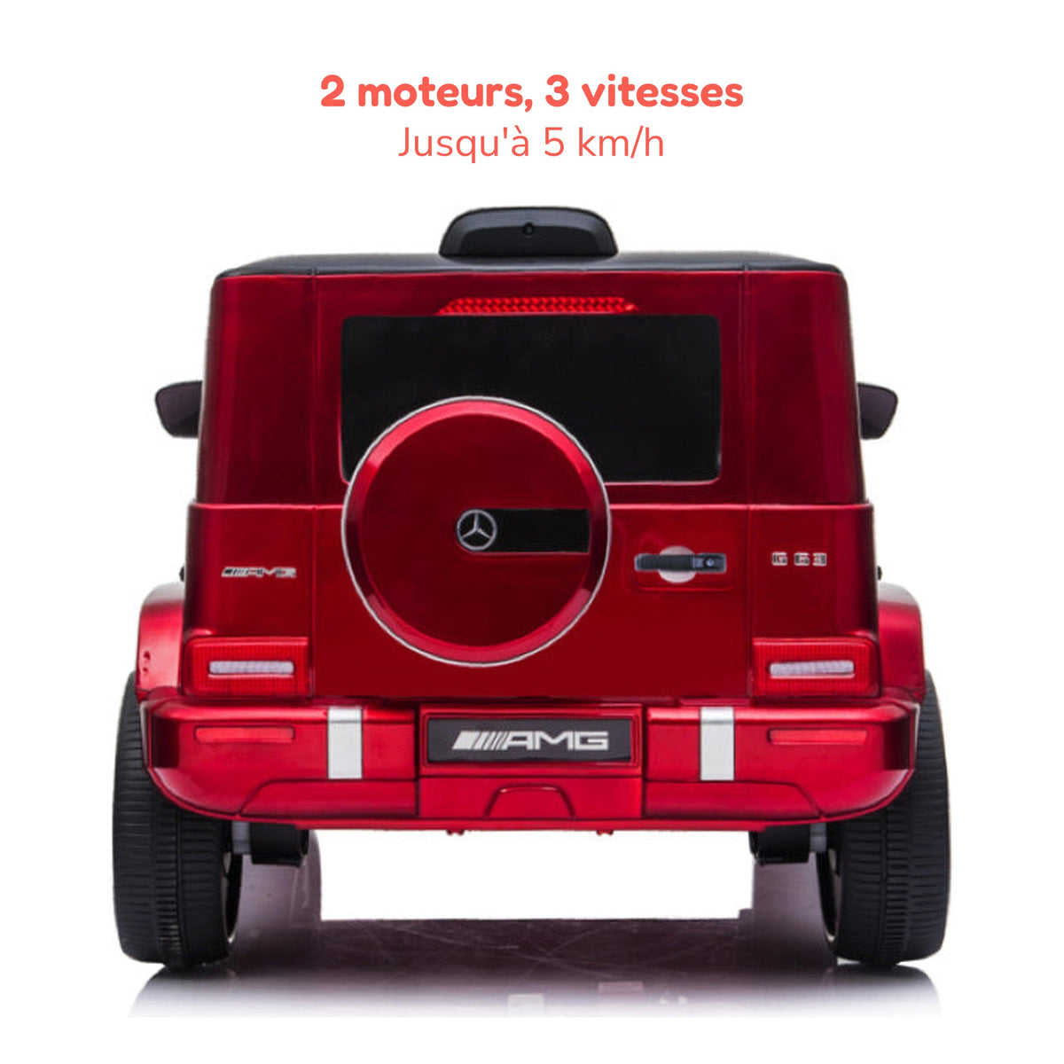Mercedes G63 rouge enfant vu de l'arrière, 2 moteurs et 3 vitesses jusqu'à 5 km/h