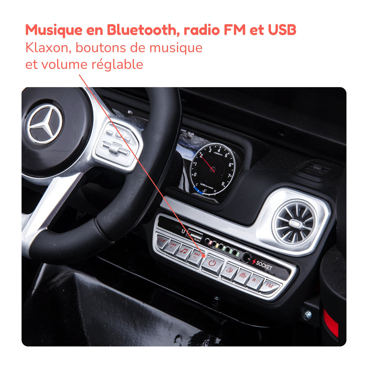 Tableau de bord du Mercedes G63 enfant : musique Bluetooth, radio FM et USB, volume réglable
