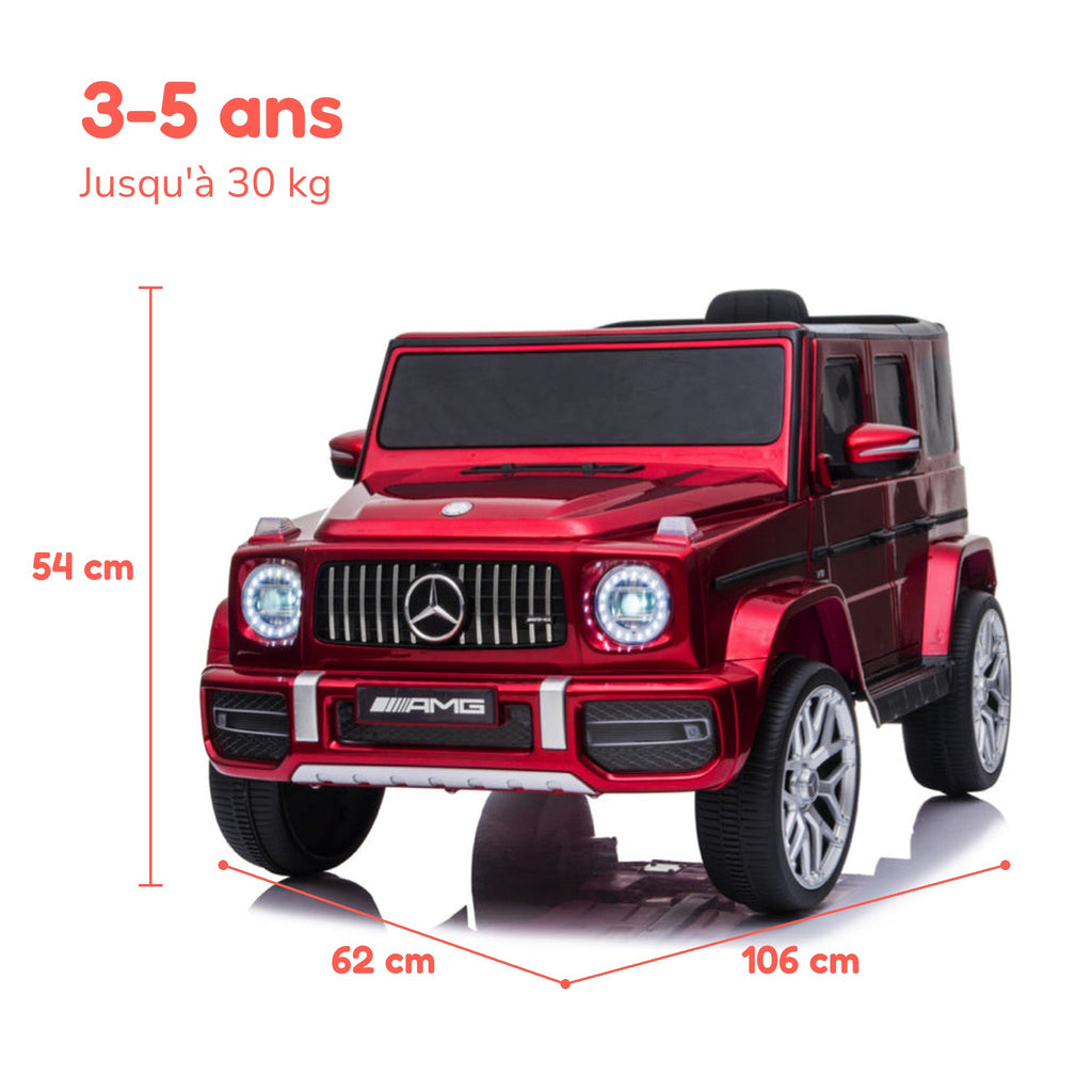 Dimensions du Mercedes G63 enfant : 106 × 62 × 54 cm, de 3 à 5 ans, jusqu'à 30 kg