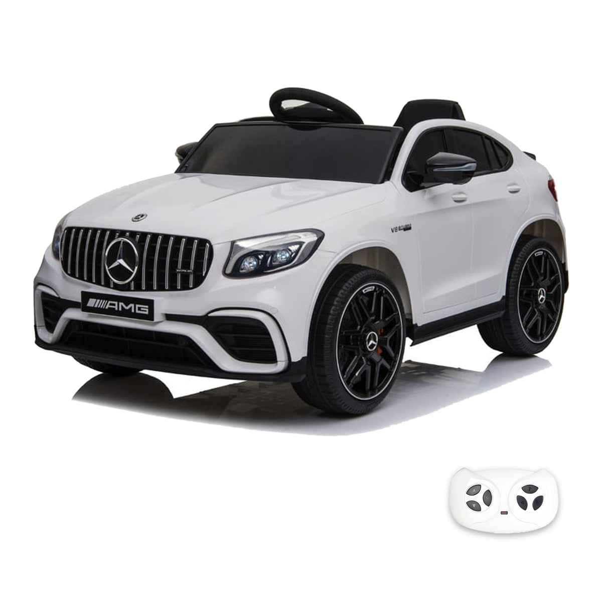 Mercedes GLC 63 blanc, voiture électrique enfant 12V, vue trois quarts avant avec sa télécommande
