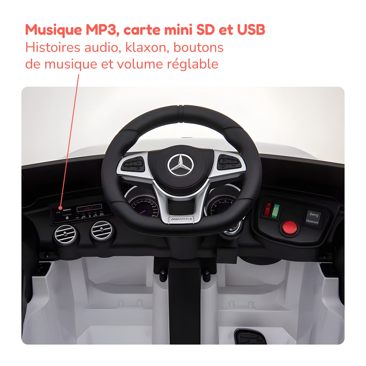 Tableau de bord du Mercedes GLC 63 enfant : musique MP3, carte mini SD et port USB