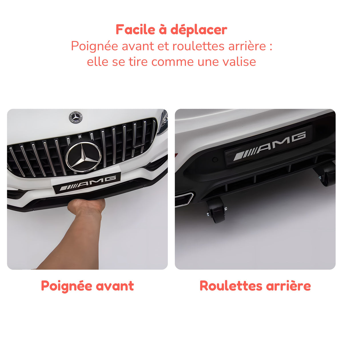 Poignée avant et roulettes arrière pour déplacer le Mercedes GLC 63 enfant