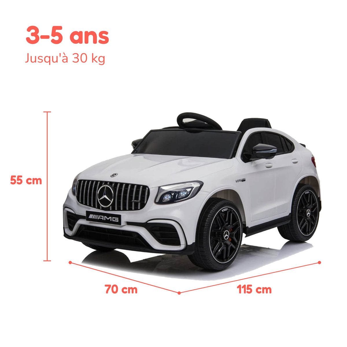 Dimensions du Mercedes GLC 63 enfant : 115 × 70 × 55 cm, de 3 à 5 ans, jusqu'à 30 kg