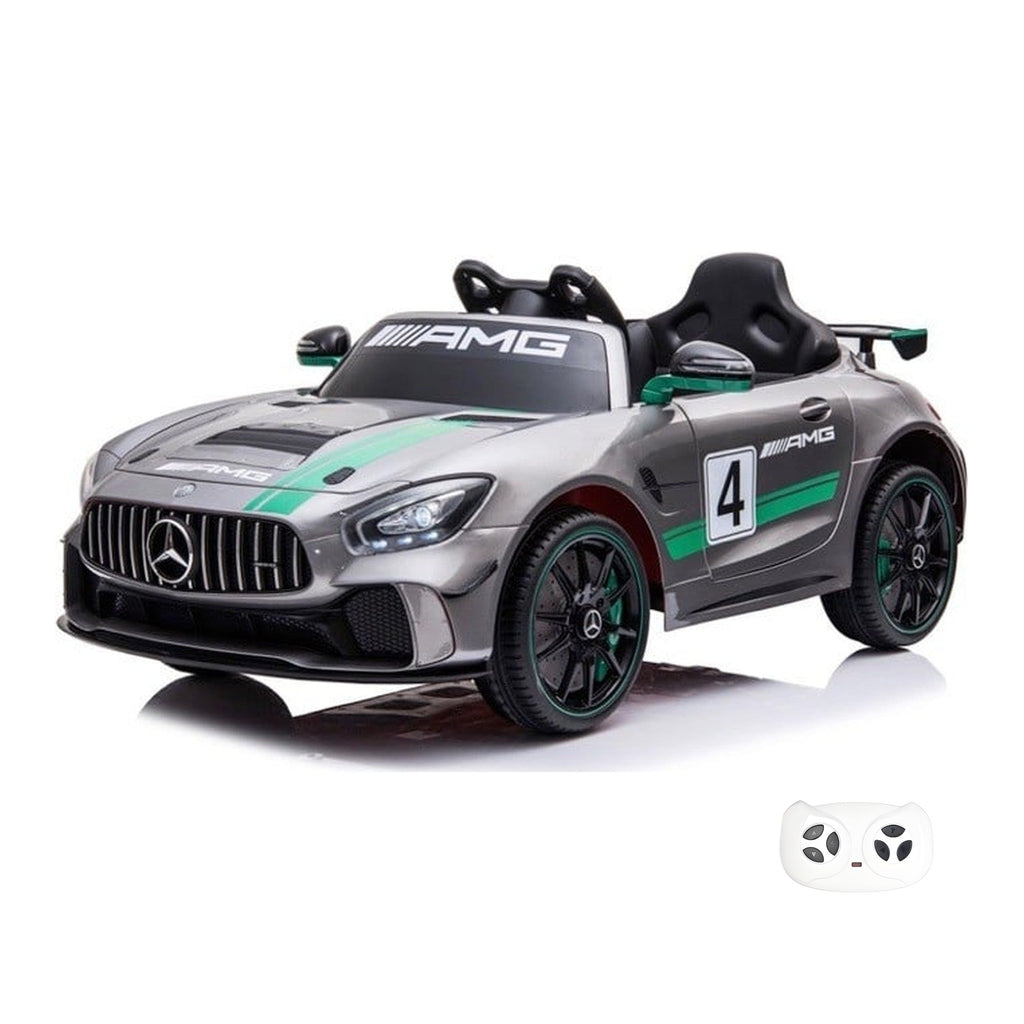 Mercedes GT4 AMG grise, voiture électrique enfant 12V avec écran MP4, vue trois quarts avant avec sa télécommande