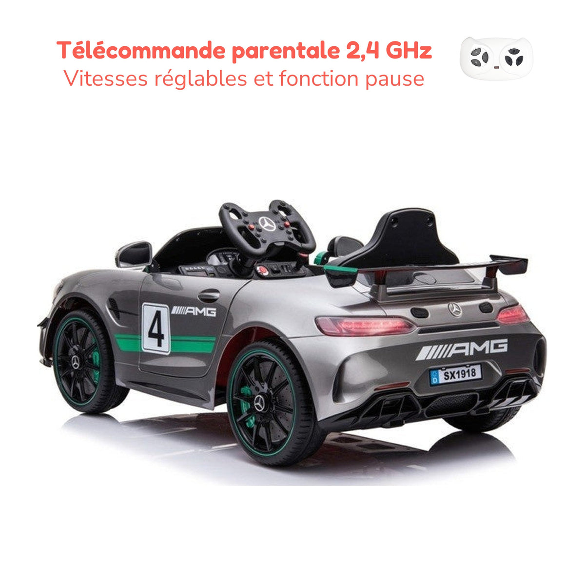 Télécommande parentale 2,4 GHz de la Mercedes GT4 AMG enfant, vitesses réglables et fonction pause