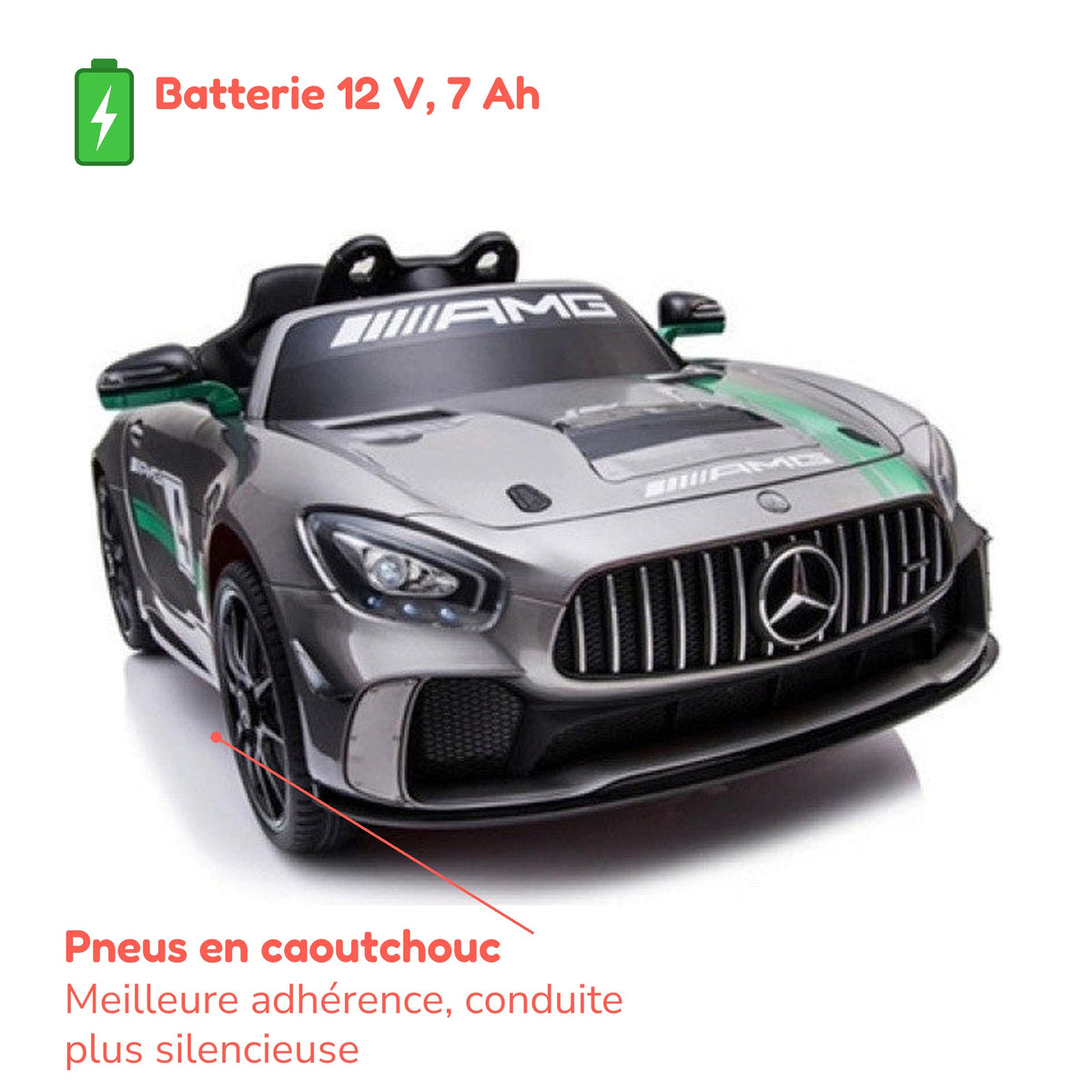 Batterie 12 V 7 Ah et pneus en caoutchouc de la Mercedes GT4 AMG enfant