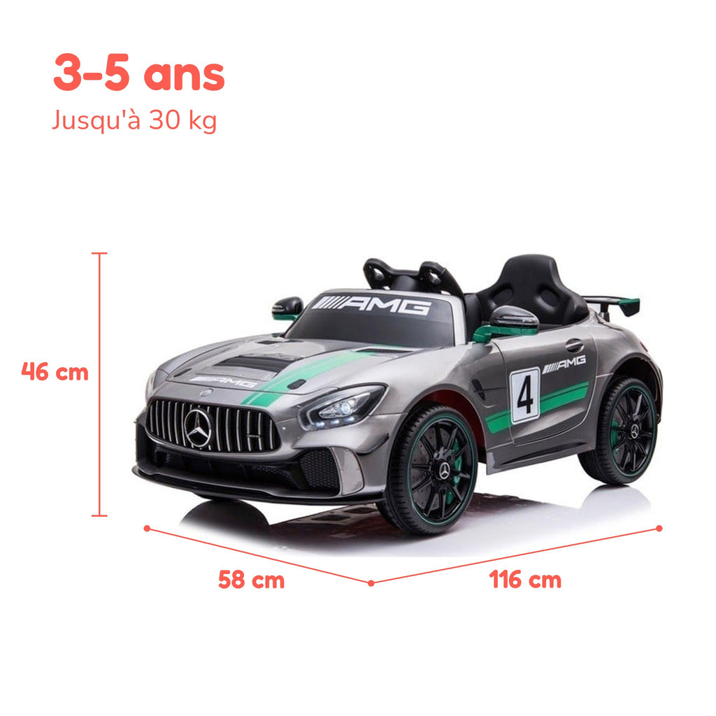 Dimensions de la Mercedes GT4 AMG enfant : 116 × 58 × 46 cm, de 3 à 5 ans, jusqu'à 30 kg