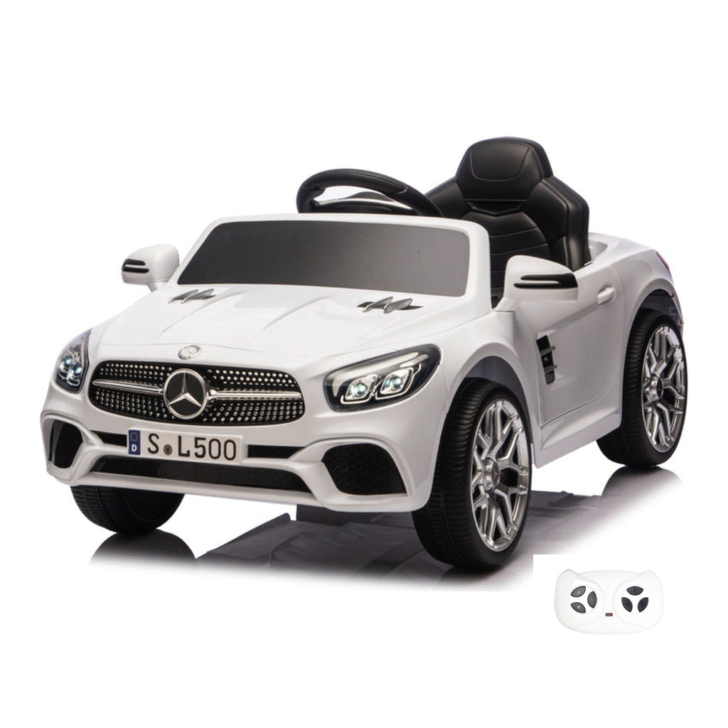 Mercedes SL500 blanche, voiture électrique enfant 12V lithium, vue trois quarts avant avec sa télécommande