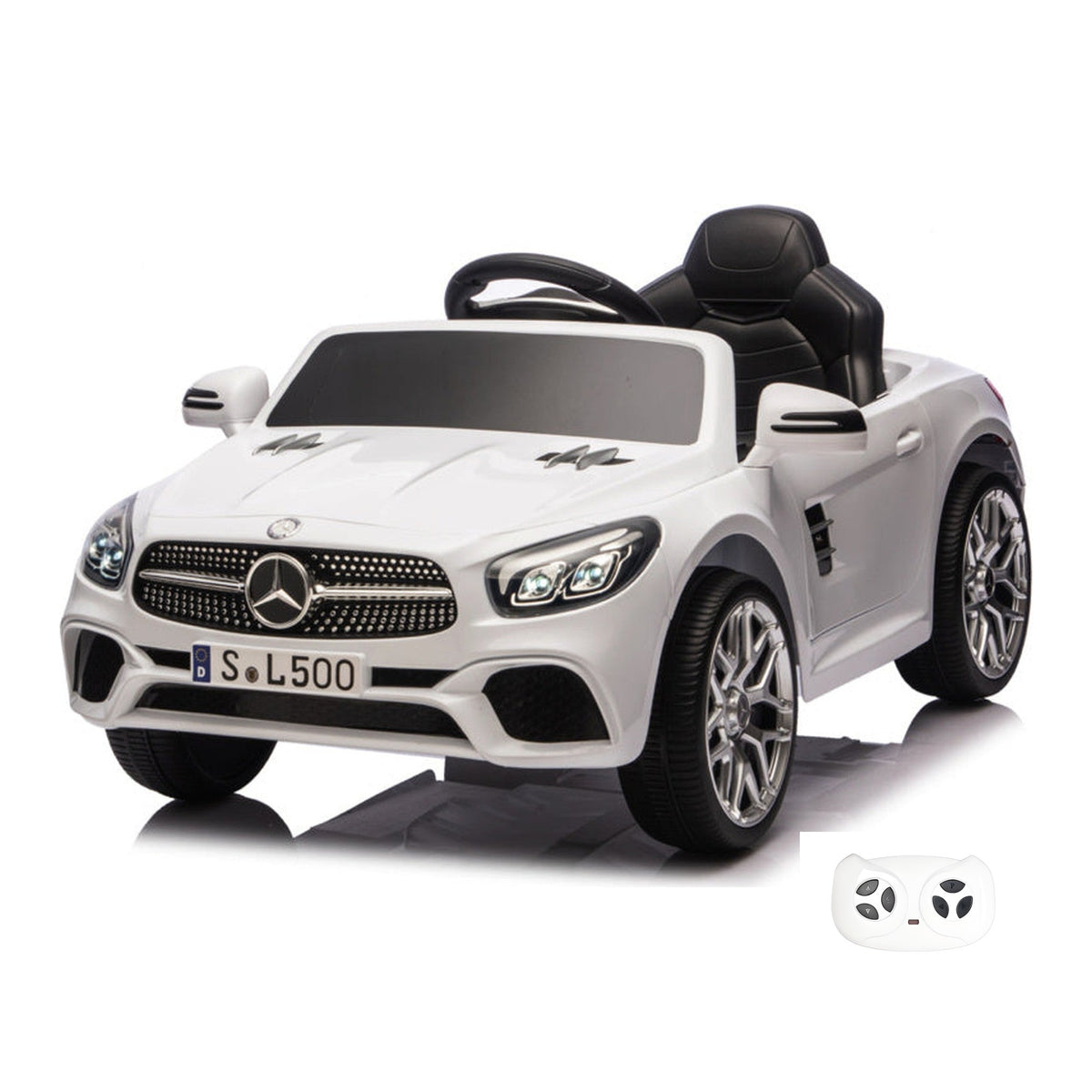 Mercedes SL500 blanche, voiture électrique enfant 12V lithium, vue trois quarts avant avec sa télécommande