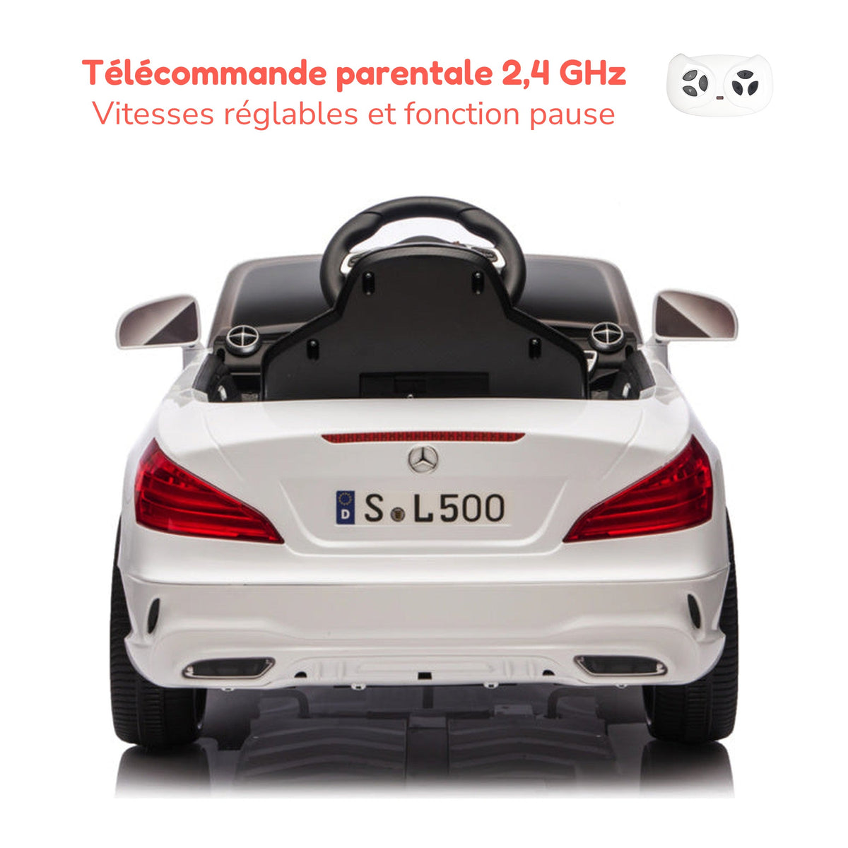 Télécommande parentale 2,4 GHz de la Mercedes SL500 enfant, vitesses réglables et fonction pause
