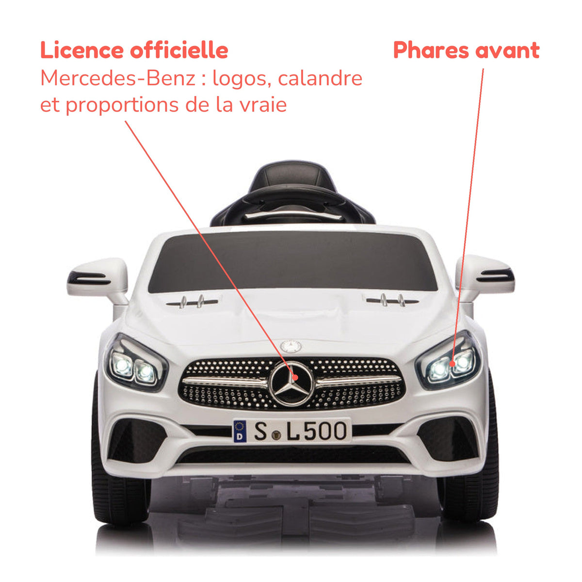 Mercedes SL500 blanche enfant sous licence officielle Mercedes-Benz, phares avant