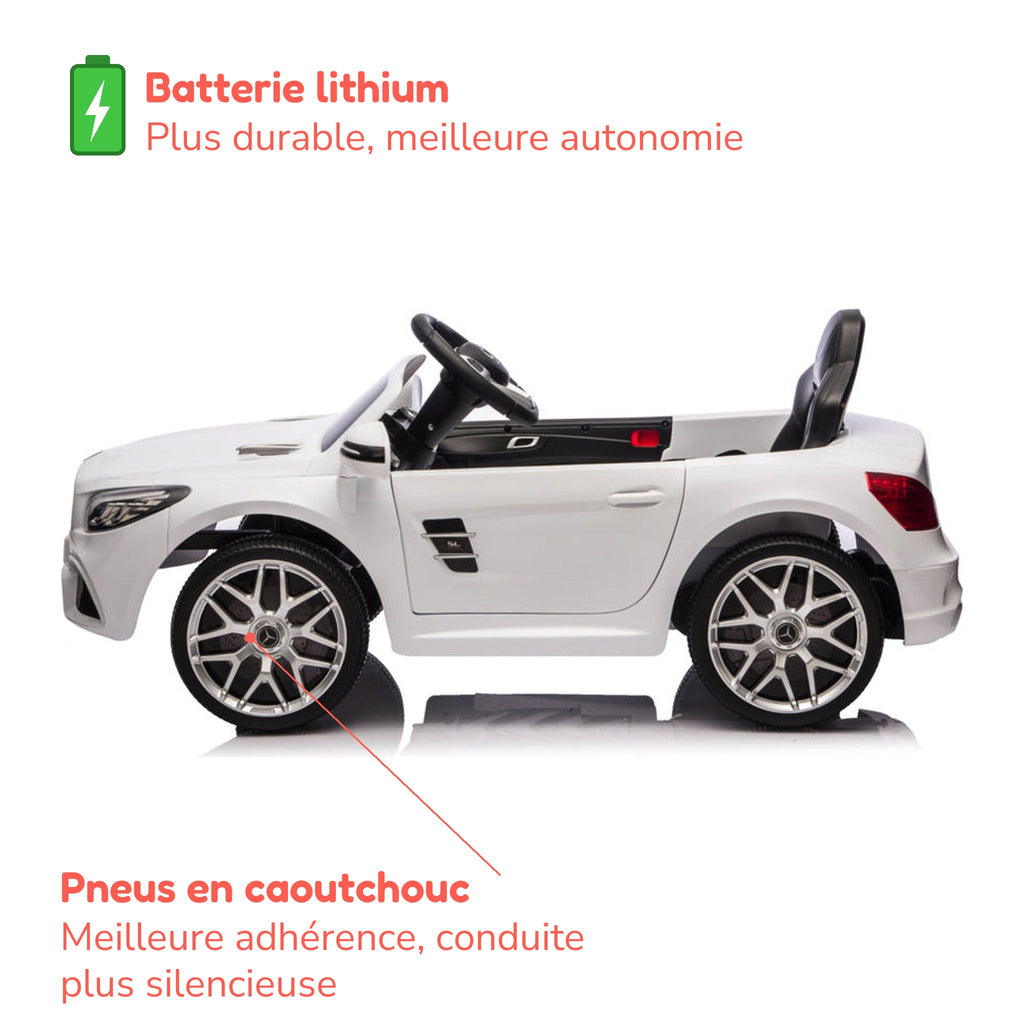 Batterie lithium plus durable, meilleure autonomie, et pneus en caoutchouc de la Mercedes SL500 enfant