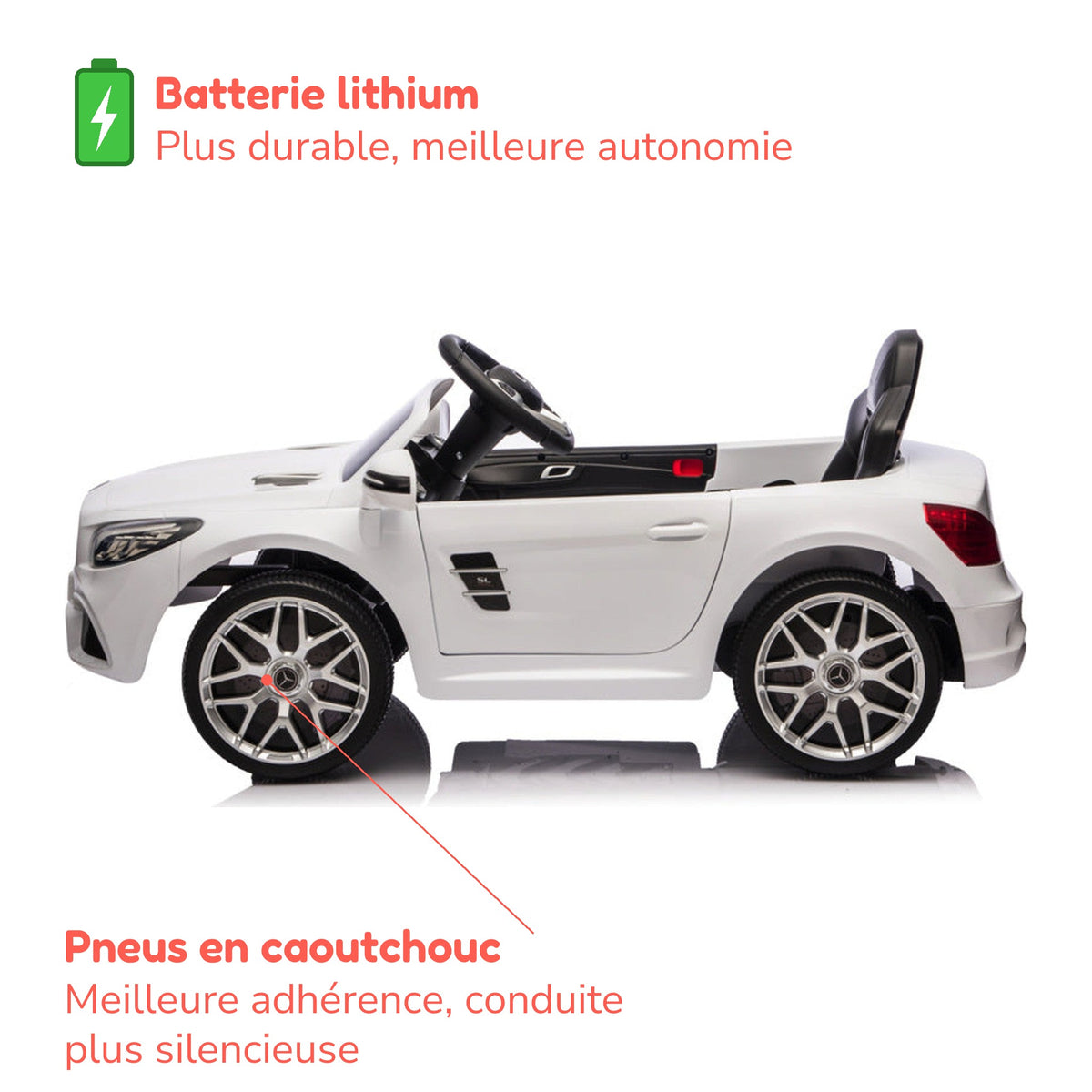Batterie lithium plus durable, meilleure autonomie, et pneus en caoutchouc de la Mercedes SL500 enfant