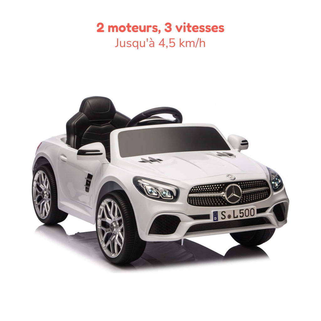 Mercedes SL500 blanche enfant, 2 moteurs et 3 vitesses jusqu'à 4,5 km/h