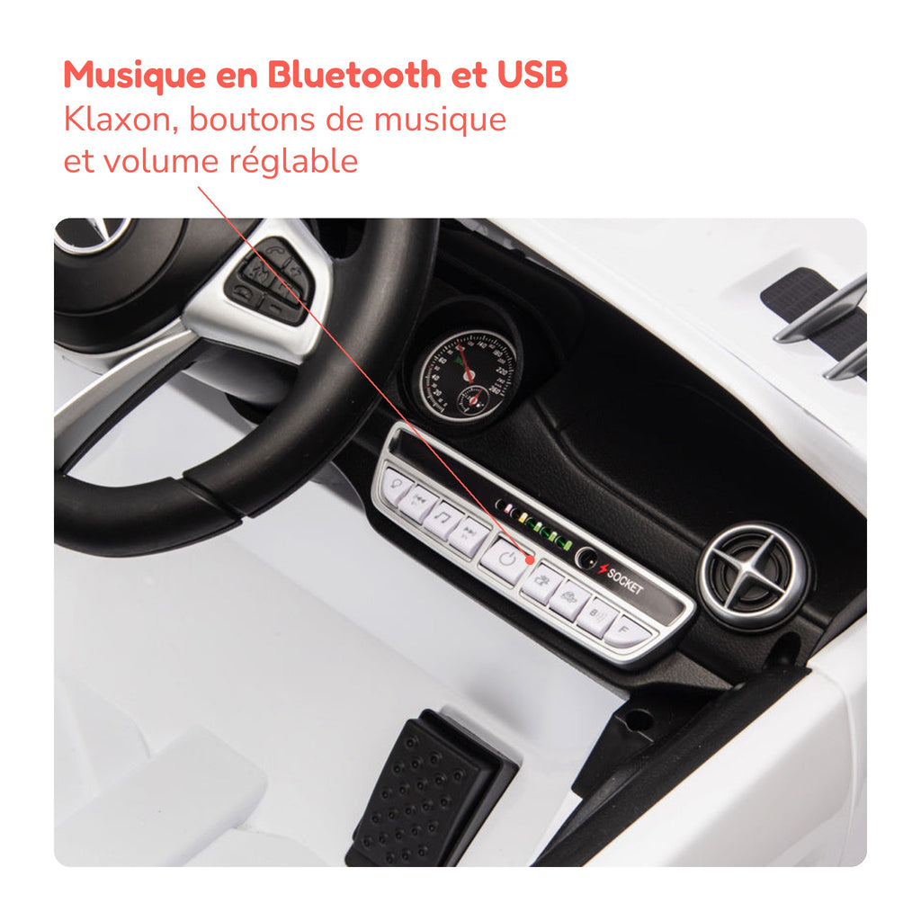 Tableau de bord de la Mercedes SL500 enfant : musique Bluetooth et USB, klaxon, volume réglable