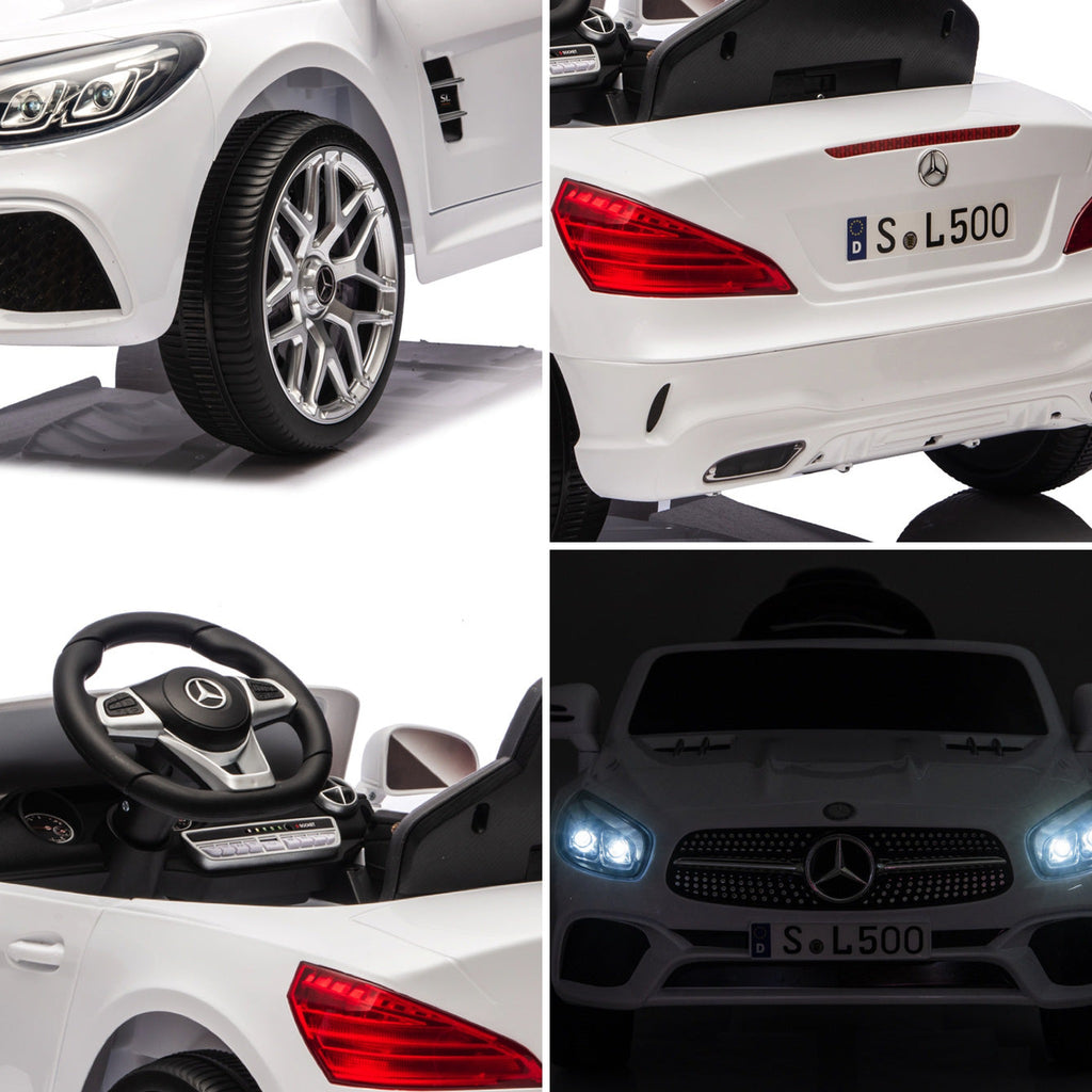 Détails de la Mercedes SL500 blanche enfant : jante, arrière, tableau de bord et phares