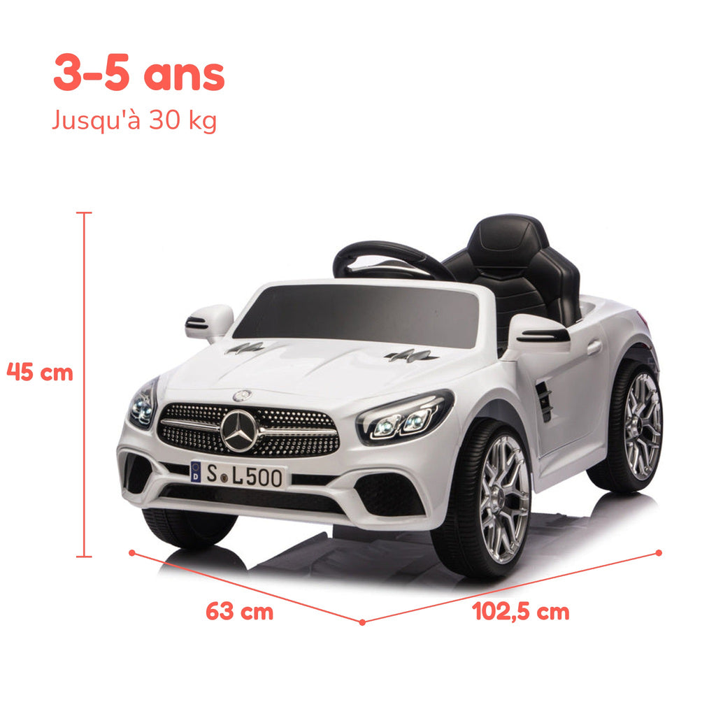 Dimensions de la Mercedes SL500 enfant : 102,5 × 63 × 45 cm, de 3 à 5 ans, jusqu'à 30 kg