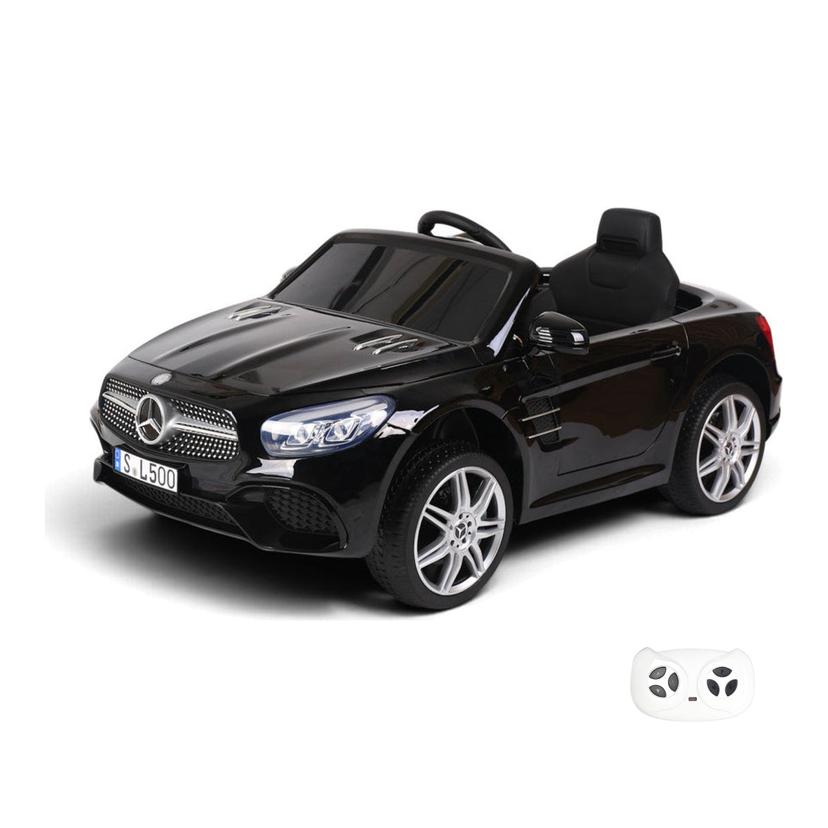 Mercedes SL500 noire, voiture électrique enfant 12V lithium, vue trois quarts avant avec sa télécommande