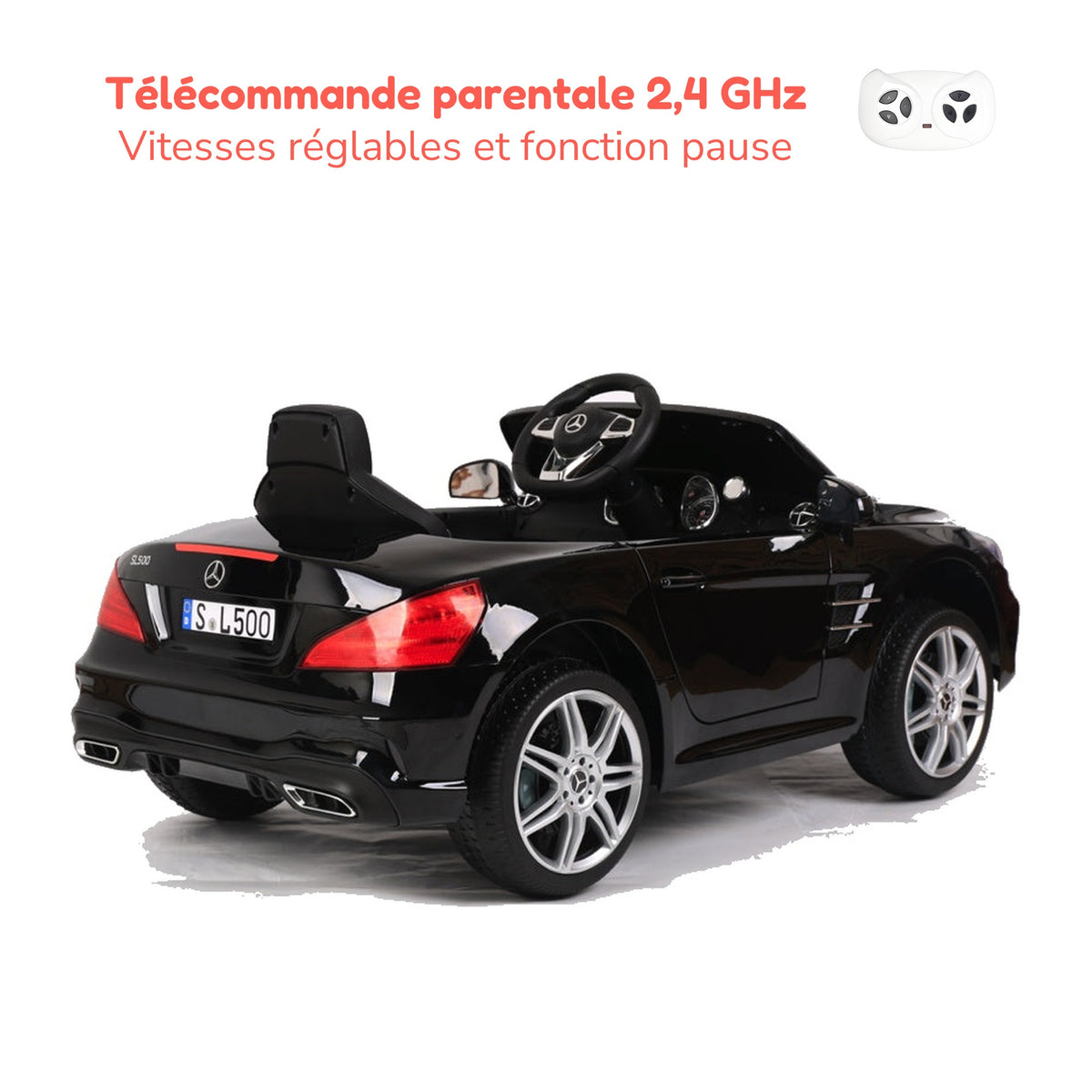 Télécommande parentale 2,4 GHz de la Mercedes SL500 enfant, vitesses réglables et fonction pause