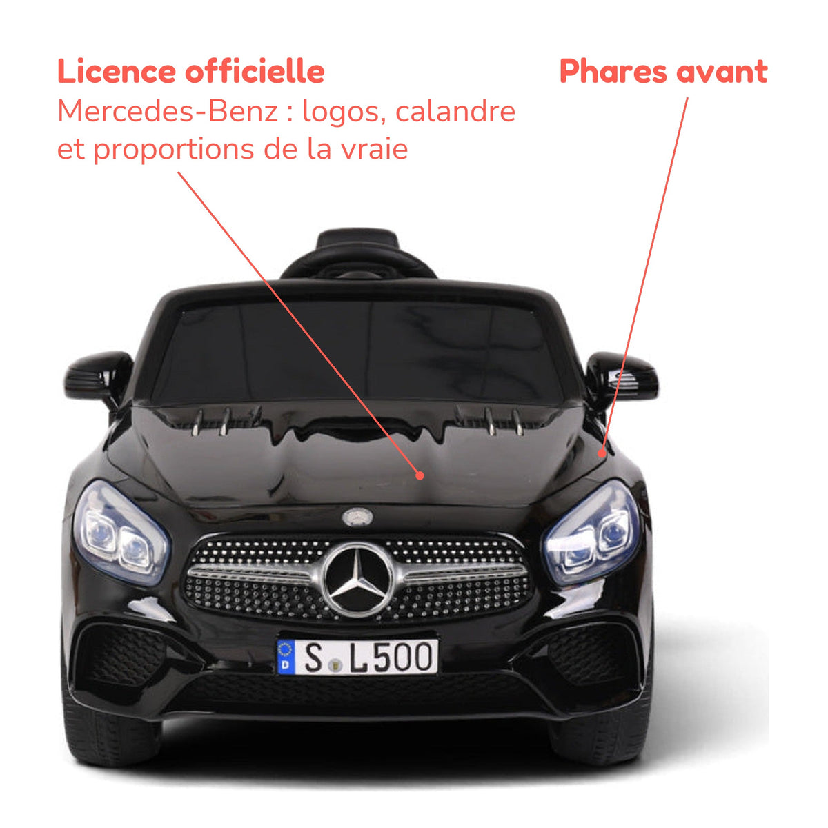 Mercedes SL500 noire enfant sous licence officielle Mercedes-Benz, phares avant