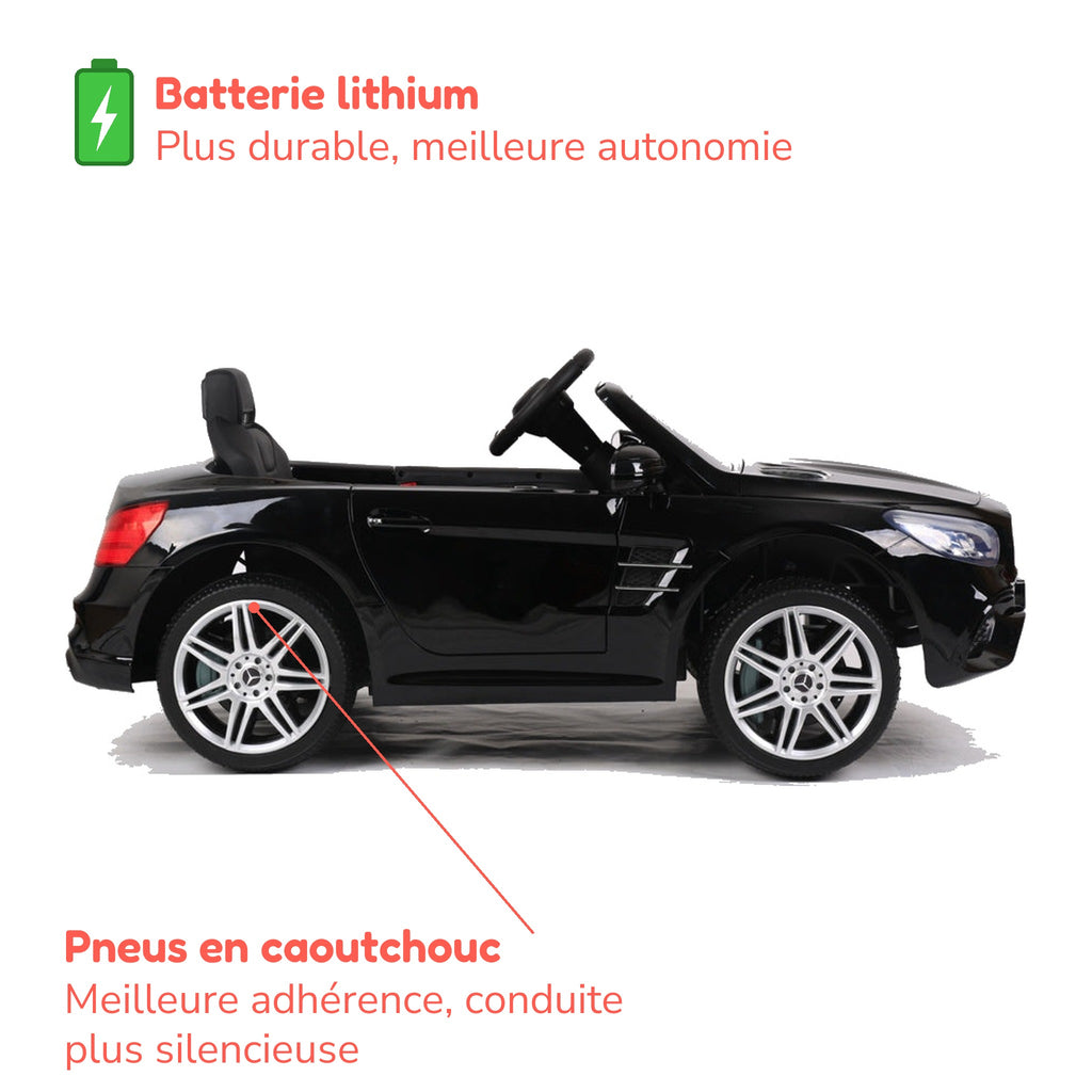 Batterie lithium plus durable, meilleure autonomie, et pneus en caoutchouc de la Mercedes SL500 enfant