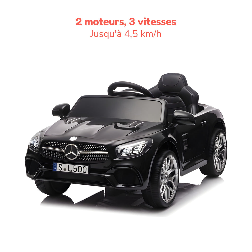 Mercedes SL500 noire enfant, 2 moteurs et 3 vitesses jusqu'à 4,5 km/h