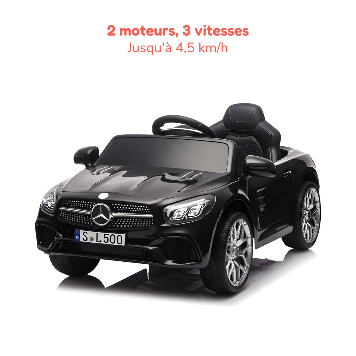 Mercedes SL500 noire enfant, 2 moteurs et 3 vitesses jusqu'à 4,5 km/h