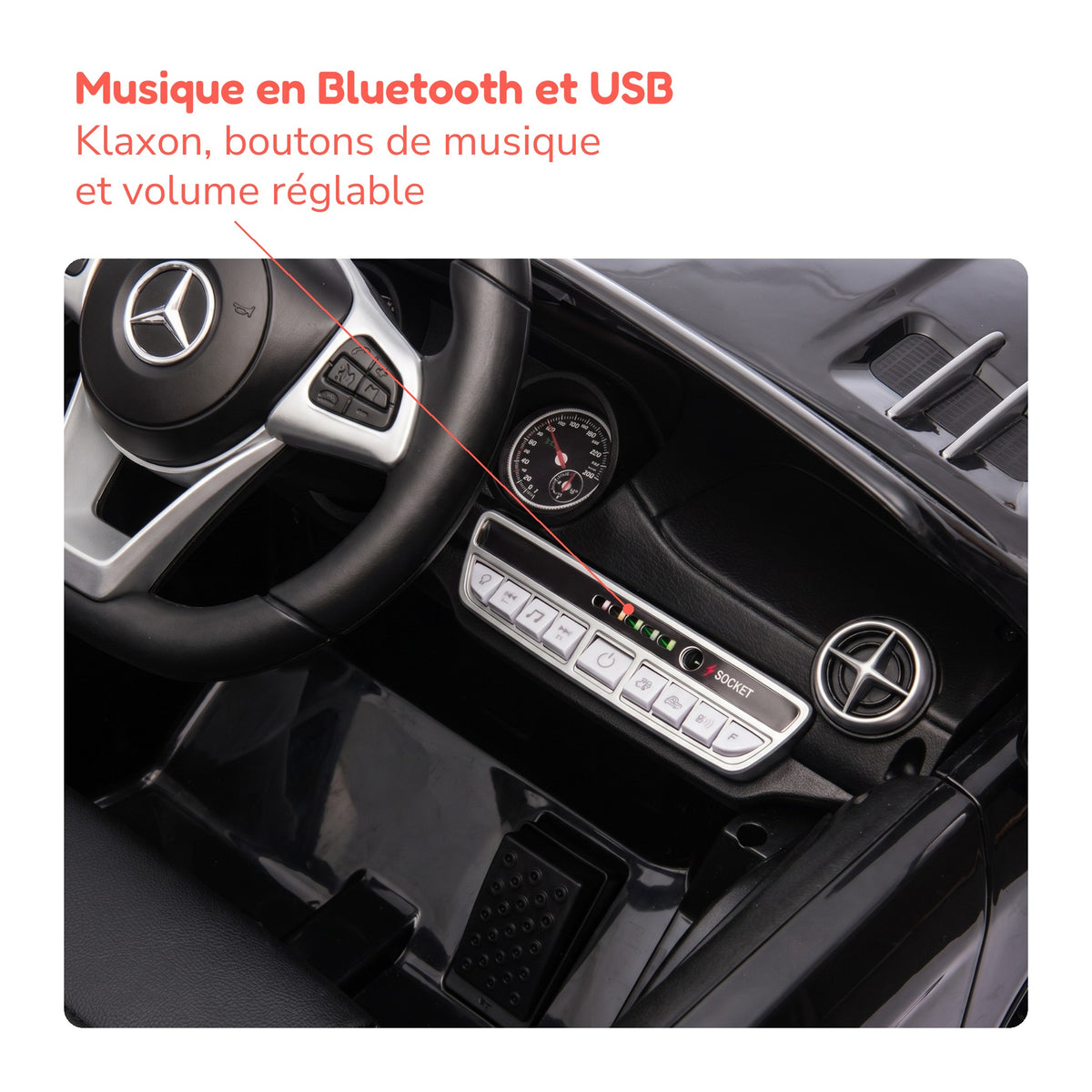 Tableau de bord de la Mercedes SL500 enfant : musique Bluetooth et USB, klaxon, volume réglable