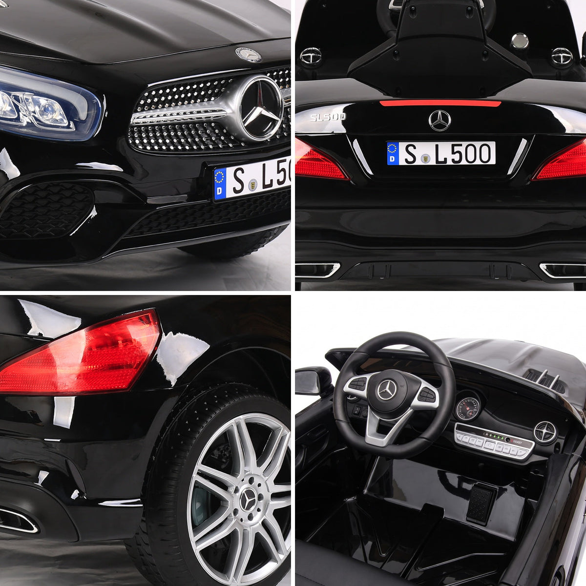 Détails de la Mercedes SL500 noire enfant : jante, arrière, tableau de bord et phares